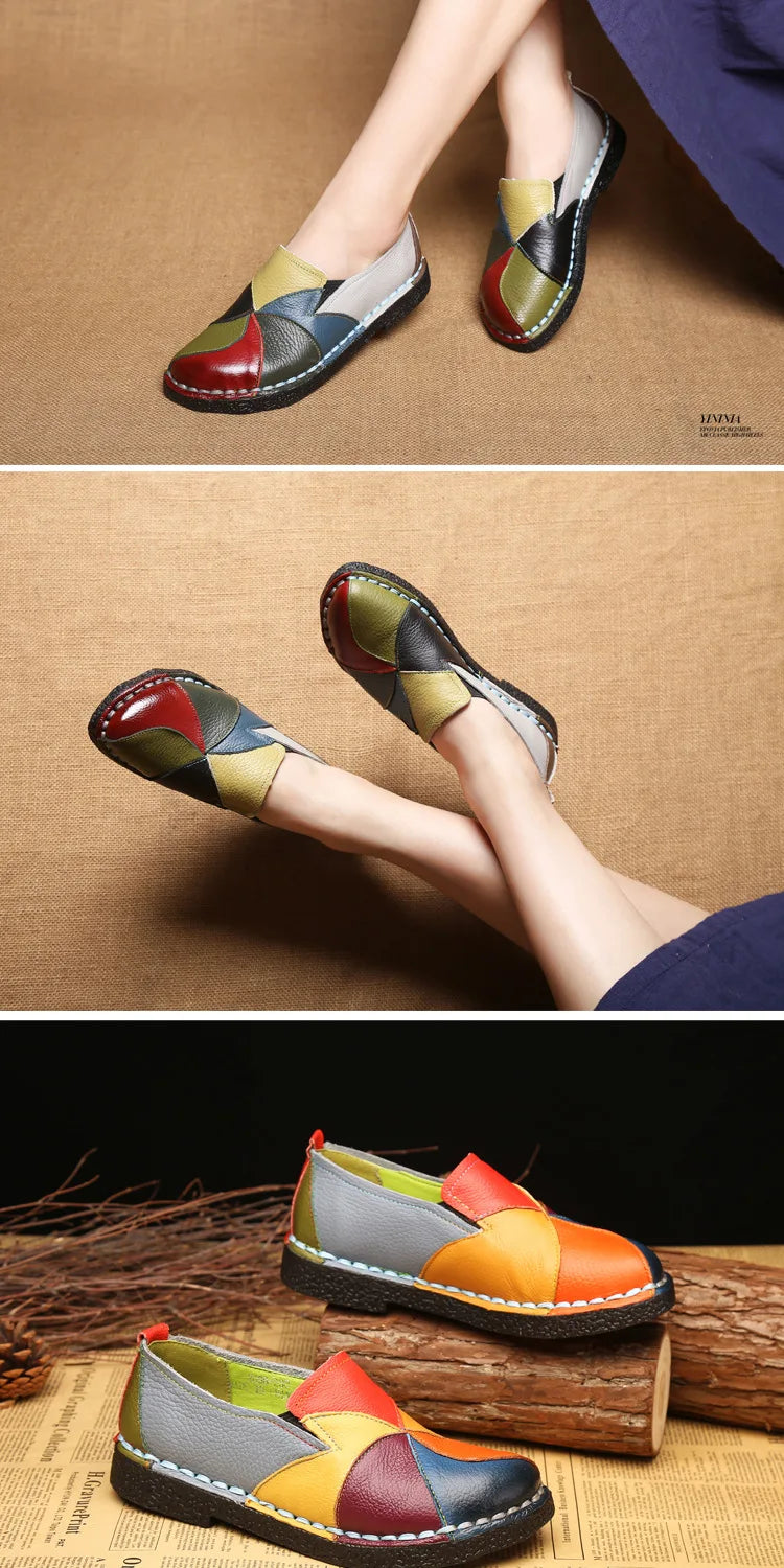 WOIZGIC Women’s Genuine Leather Loafers – Colorful Non-Slip Moccasin Flats Plus Size 42