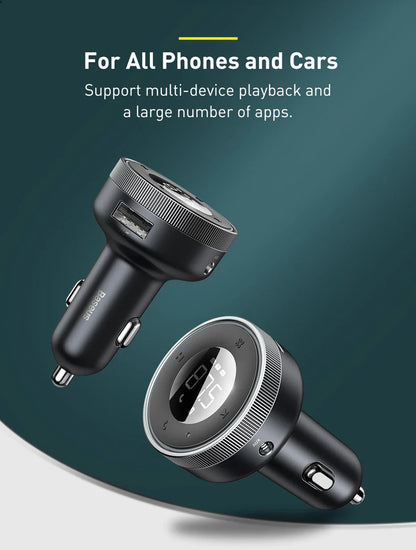 Baseus Bluetooth 5.0 FM Transmitter – Wireless Car Kit with USB Fast Charger, AUX, MP3 Player & Hands-Free Calling