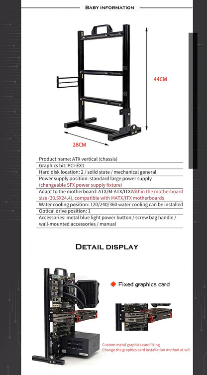 Aluminum Open Frame PC Case – Supports ITX/MATX/ATX Motherboards, Vertical Gaming Cabinet for DIY & Water Cooling Builds