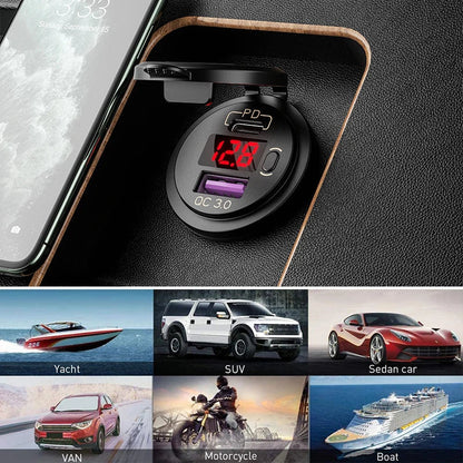 Car USB Charger with QC3.0 PD Type C and Switch Socket - for 12V/24V Vehicles, Boat, Motorcycle, SUV, Bus, Truck, Caravan, Marine