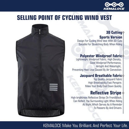 KEMALOCE 2023 Cycling Vest - Navy Blue Windproof Sleeveless Bicycle Gilet, Lightweight MTB Sports Wind Vest for Men
