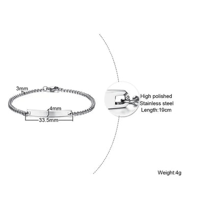 Elegant Personalized ID Bar Bracelet – 5mm Stainless Steel Link Chain for Women with Custom Name or Quote