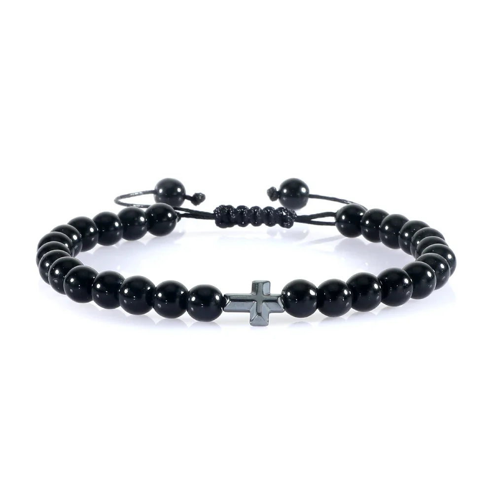 Natural Stone Bead Cross Bracelet - 6mm Braided Christian Prayer Jewelry with Jesus Charm for Men & Women