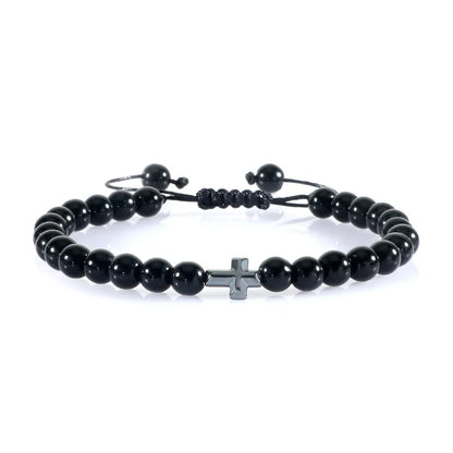 Natural Stone Bead Cross Bracelet - 6mm Braided Christian Prayer Jewelry with Jesus Charm for Men & Women