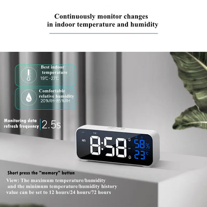 Music Alarm Clock with Temperature Humidity Display: Voice Control/Always On Table & Wall Clock - Dual Alarm, Rechargeable Digital LED Clocks