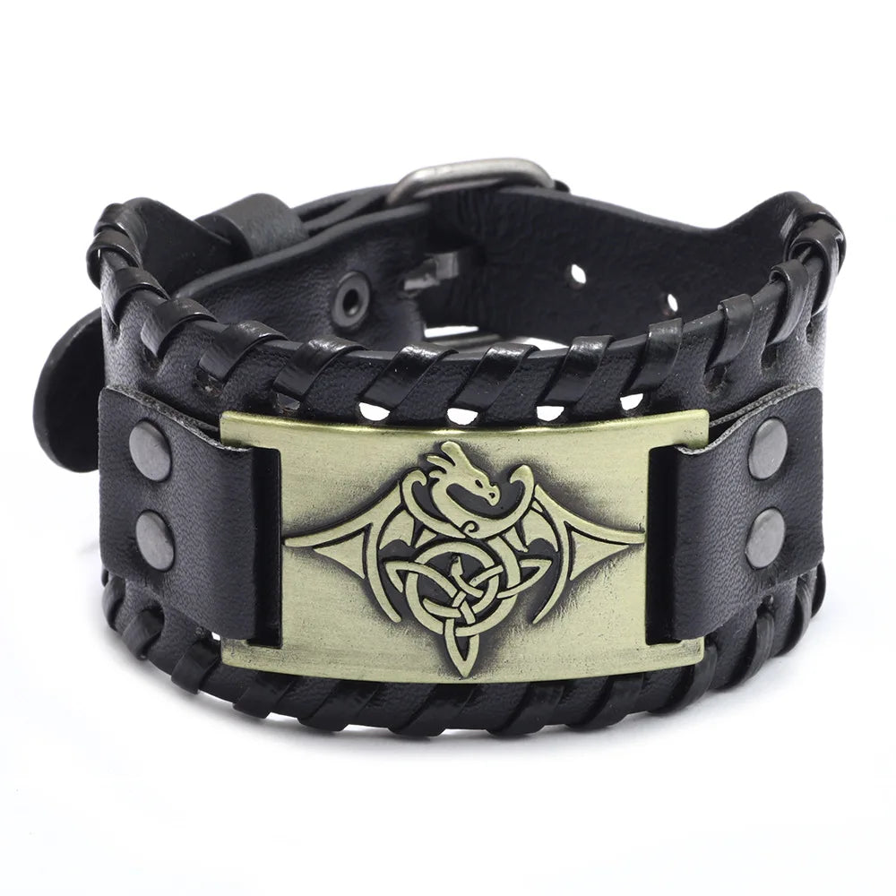 Totem Design Wide Leather Pirate Compass Bracelet - Men's Celtic Viking Jewelry, Party Gift Accessories
