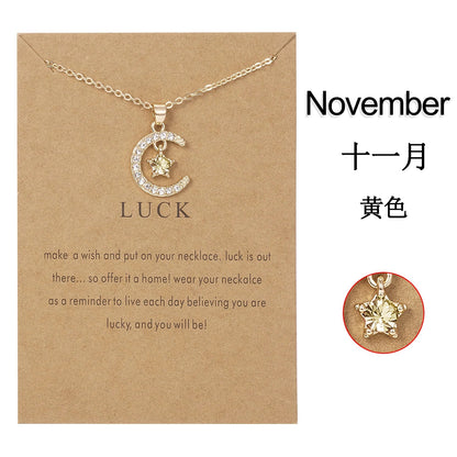 Fashion Birthstone Moon & Star Crystal Pendant Necklace – Women’s Clavicle Chain Choker Jewelry Gift for Parties & Birthdays