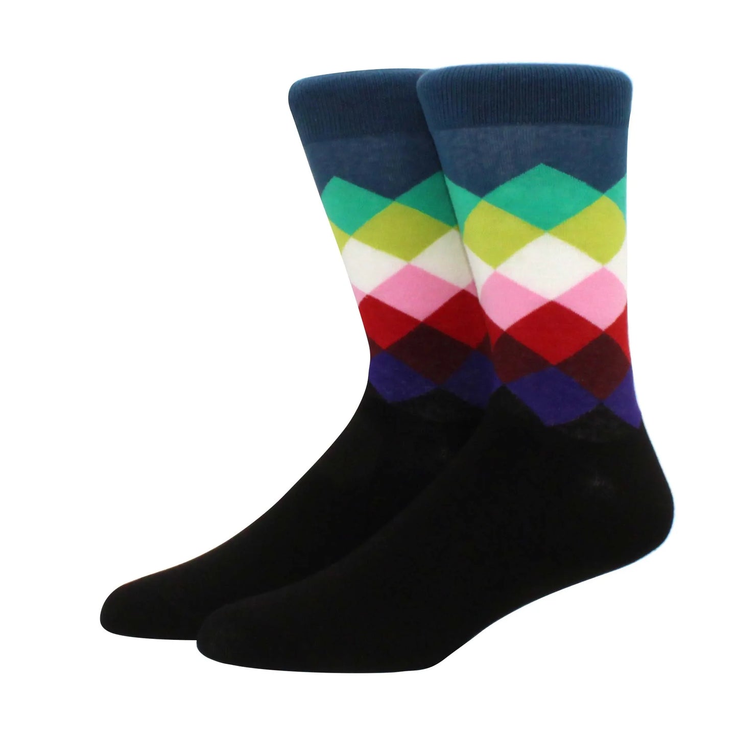 Men’s Funny Argyle Diamond Pattern Cotton Socks – Large Size 3D Geometric Crew Tube Socks, Combed Cotton Casual Novelty Socks