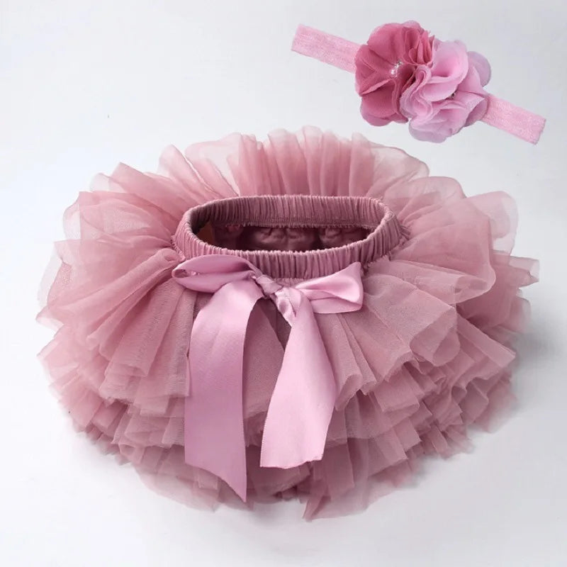 Baby Girl Tutu Bloomers Set - Newborn Tulle Lace Diaper Cover with Flower Headband Outfit