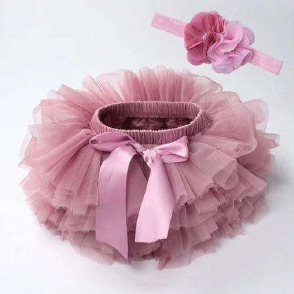 Baby Girl Tutu Bloomers Set - Newborn Tulle Lace Diaper Cover with Flower Headband Outfit