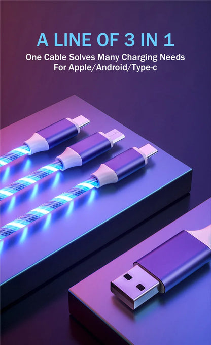 3-in-1 LED Glowing Charging Cable – 3A Micro USB & Type-C Flowing Streamer Cord for iPhone, Xiaomi & Huawei