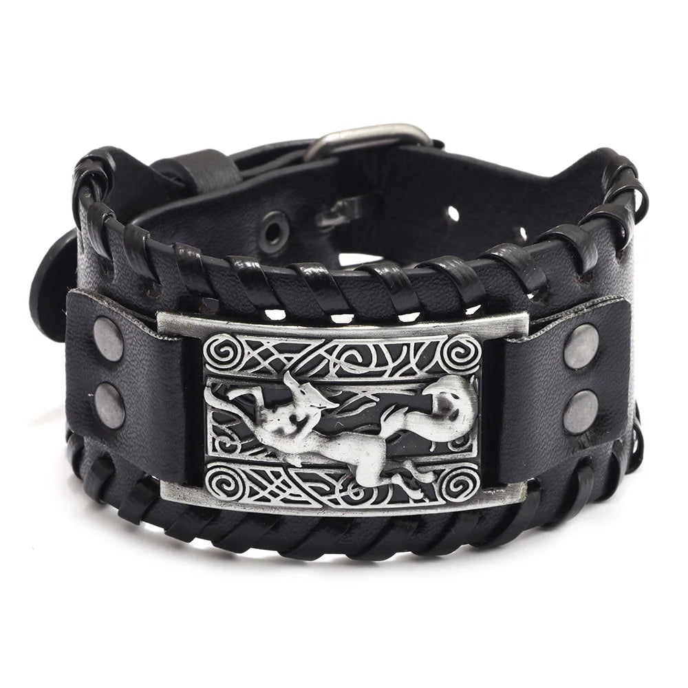 Totem Design Wide Leather Pirate Compass Bracelet - Men's Celtic Viking Jewelry, Party Gift Accessories