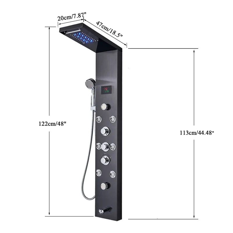 Brushed Nickel Bathroom Shower Column - Wall-Mounted Black LED Shower Panel with Digital Screen, 6 Modes & Rainfall Mixer Tap