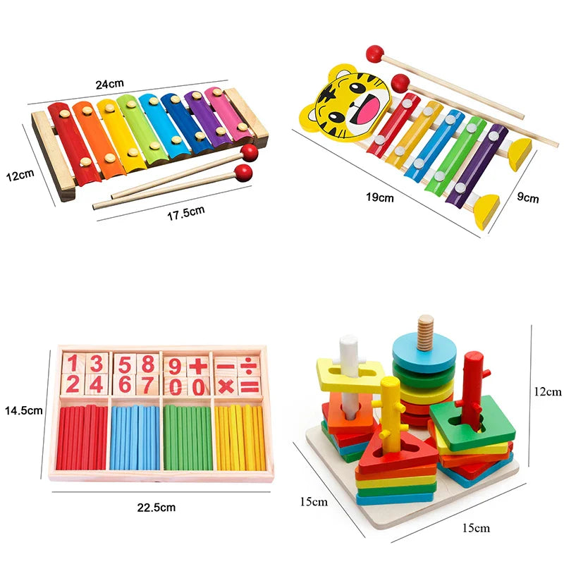 Hot Kids Montessori Wooden Toys – Macaron Blocks Learning Set, Baby Music Rattles & Colorful Educational Blocks