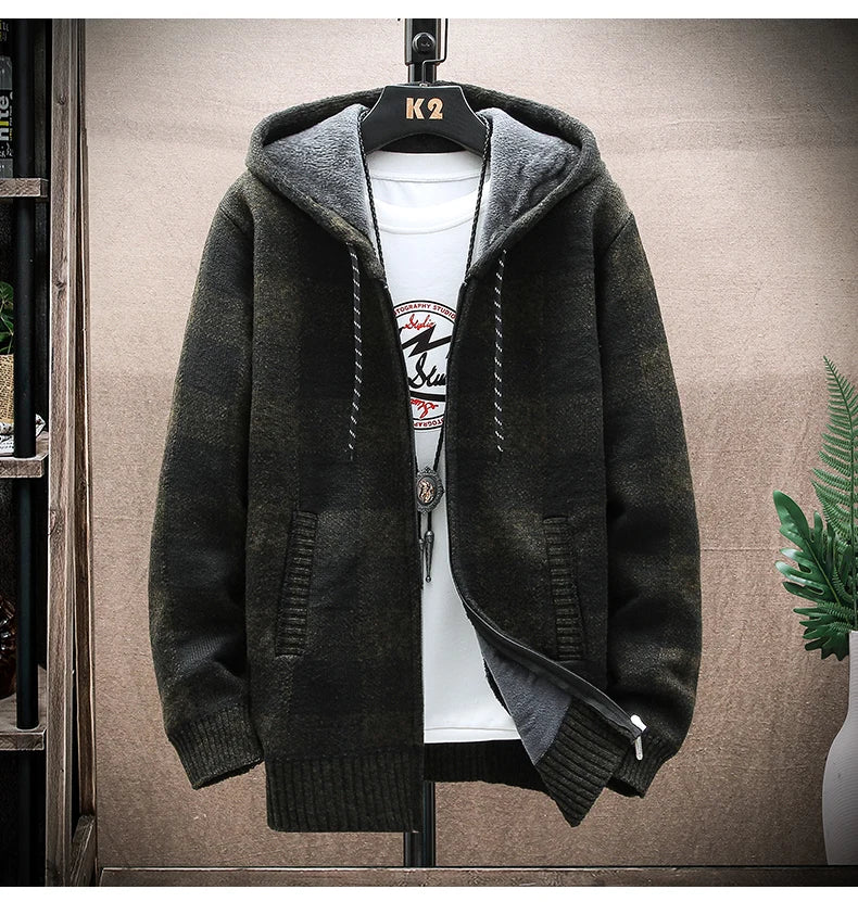 Men's Winter Plaid Hooded Cardigan – Warm Wool Fleece Zipper Jacket Knit Sweater Coat