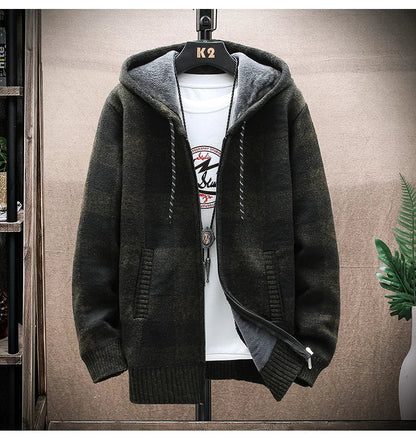 Men's Winter Plaid Hooded Cardigan – Warm Wool Fleece Zipper Jacket Knit Sweater Coat