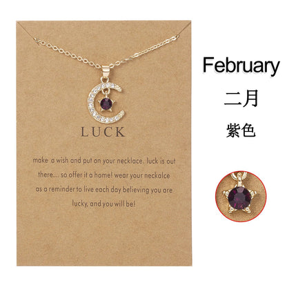 Fashion Birthstone Moon & Star Crystal Pendant Necklace – Women’s Clavicle Chain Choker Jewelry Gift for Parties & Birthdays
