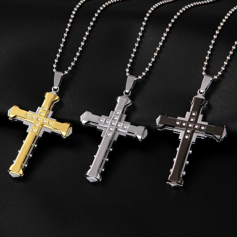 2024 New Men's Crystal Cross Jesus Pendant, Gold/Black/Blue Zirconia Necklace, Stainless Steel Jewelry