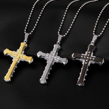 2024 New Men's Crystal Cross Jesus Pendant, Gold/Black/Blue Zirconia Necklace, Stainless Steel Jewelry