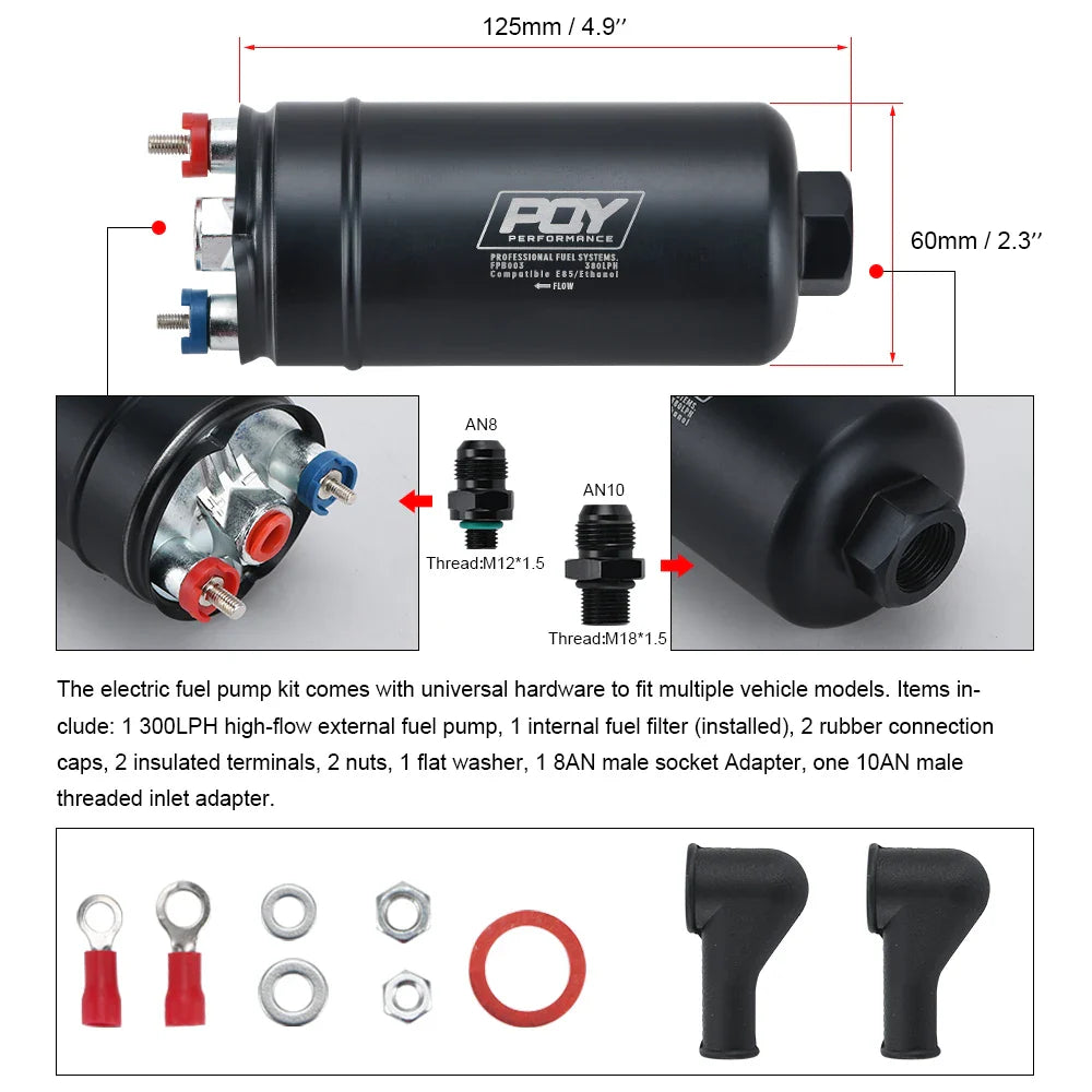 PQY EFI 380LH 1000HP External Fuel Pump – E85 Compatible, Top Quality 044 Style, Model PQY-FPB003-QY