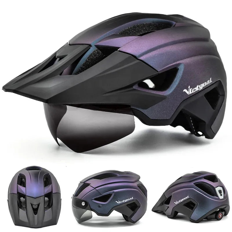 VICTGOAL LED Bike Helmet – Rechargeable Men’s Cycling Helmet with Sun Goggle Visor & Sunglasses Shield for Road & MTB Cycling