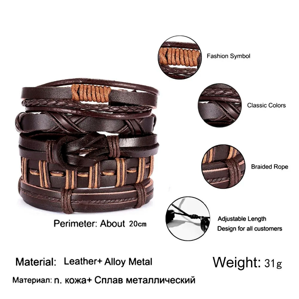 Men's Vintage Multilayer Leather Braid Bracelet - Handmade Star, Leaf & Owl Rope Wrap Bangle, Male Gift Jewelry