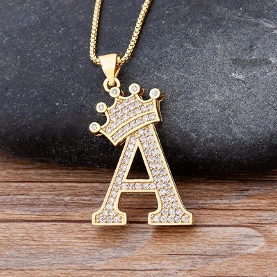 Nidin Luxury A-Z Crown Alphabet Pendant – Copper Zircon Initial Necklace Chain, Hip-Hop Style Jewelry for Men & Women