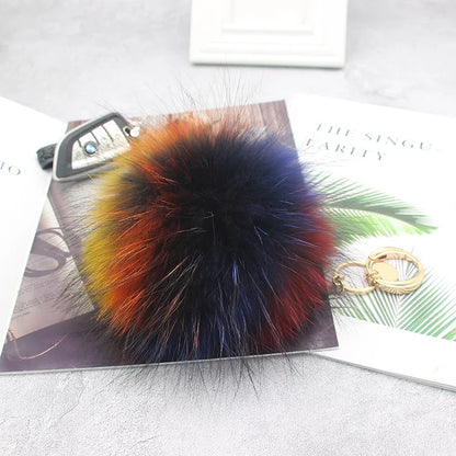 Luxury 15cm Fluffy Real Raccoon Fur Pom Pom Keychain – High-Quality Metal Ring Pendant for Women