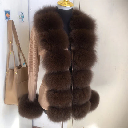 Women’s Spring & Autumn Sweater Cardigan – Real Fox Fur Collar Jacket, Natural Fur Outerwear