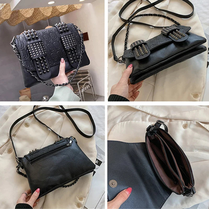 Vintage Skull Rivet PU Leather Shoulder Bag — Women’s Black Crossbody Flap Messenger Handbag