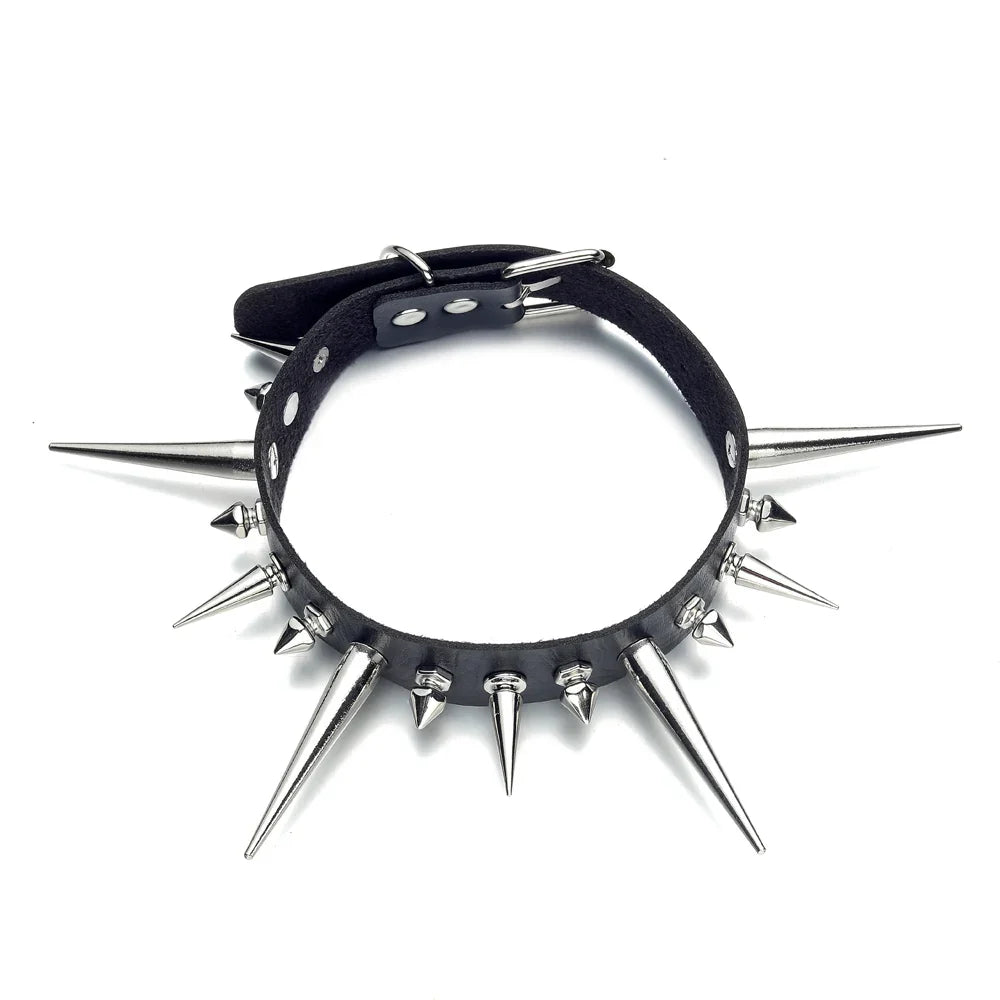 Punk Long Spike Choker – Studded Faux Leather Collar for Men & Women, Goth Rivet Necklace