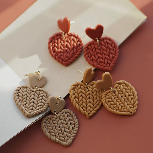 Handmade Knitted Heart-Shaped Polymer Clay Earrings – Braided Multi-Color Dangle Jewelry Set, Cute Love Gift