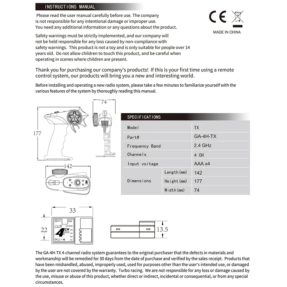 TX4 2.4GHz 4CH Radio Transmitter Controller with Receiver for RC Car and Boat Remote Control System