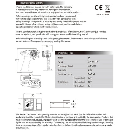 TX4 2.4GHz 4CH Radio Transmitter Controller with Receiver for RC Car and Boat Remote Control System