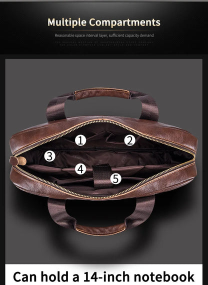 BULLCAPTAIN Men's Genuine Leather Briefcase – 14-Inch Laptop Shoulder Messenger Bag for Business & Office