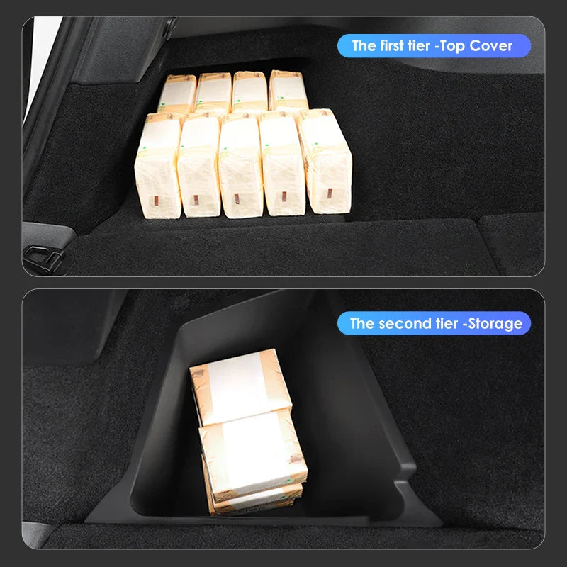 Futhope Car Trunk Side Storage Box for Tesla Model Y 2018-2024 – Hollow Cover Organizer with Flocking Mat & Partition Board