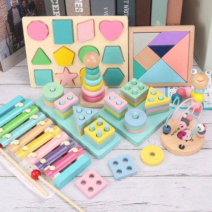 Hot Kids Montessori Wooden Toys – Macaron Blocks, Music Rattles, Colorful Educational Learning Blocks for Babies
