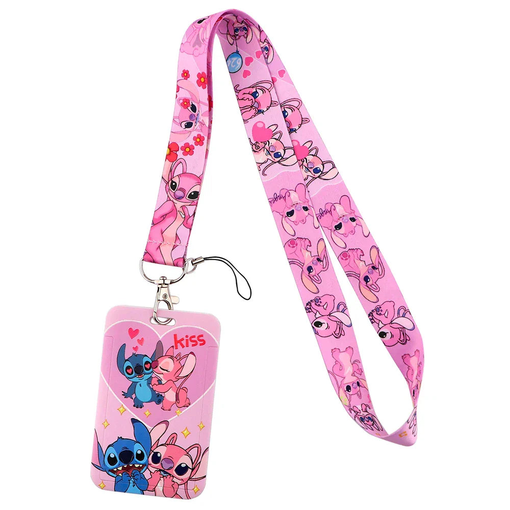 Lilo & Stitch Cute Couples Lanyard – Keychain, ID Badge Holder & Phone Strap with Card Cover Charm Accessories