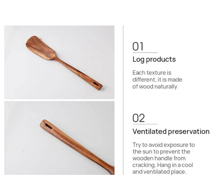 1-9pcs Teak Wood Tableware Set – Natural Wooden Cooking Spoons, Colander Spoon & Soup Skimmer Kitchen Tool Kit
