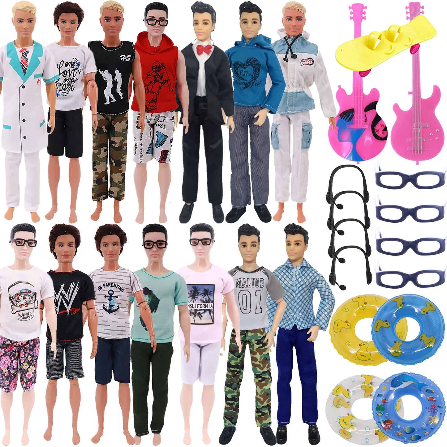 30-Piece Ken Doll Accessories Set — Clothes, Glasses, Shoes, Hangers, Guitar, Skateboard & Headsets for Barbie Dolls, DIY Toy for Girls