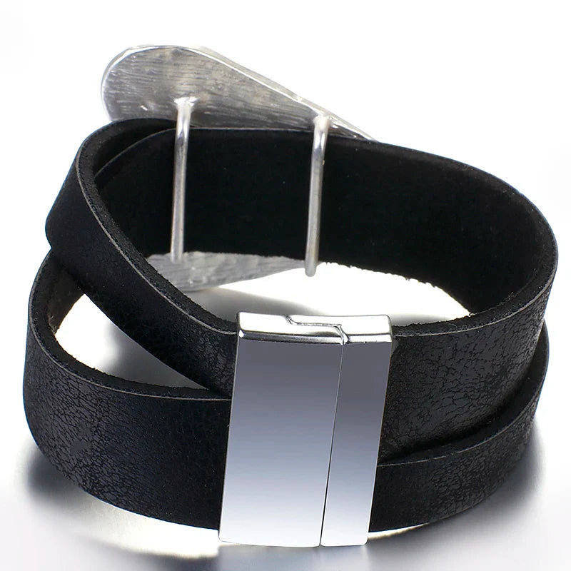 ALLYES Black Leather Bracelet for Men & Women - Fashion 2024 Magnetic Buckle with Heart Charm, Wide Wrap Jewelry