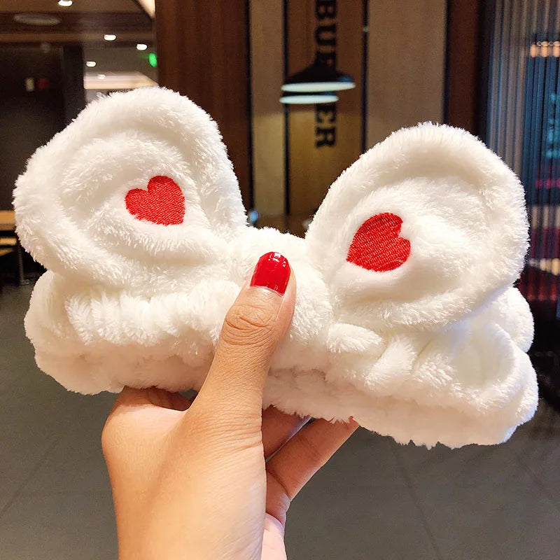 Soft Coral Fleece Bow Headband – Wash Face Hair Holder with Animal Ears for Women & Girls