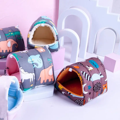 Cute Cartoon Rabbit & Squirrel Mini Pet Cage — Warm Winter Bed House for Hamsters, Mice, Rats & Guinea Pigs