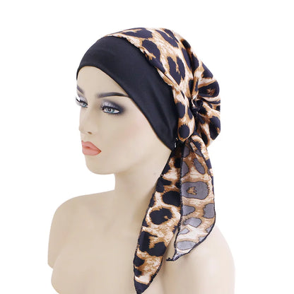 Women’s Pre-Tied Turban Cap – Muslim Hijab & Chemo Hair Loss Head Scarf with Flower Print Stretch Bandana