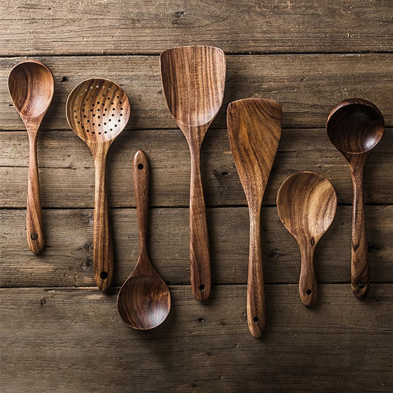 1-9pcs Teak Wood Tableware Set – Natural Wooden Cooking Spoons, Colander Spoon & Soup Skimmer Kitchen Tool Kit