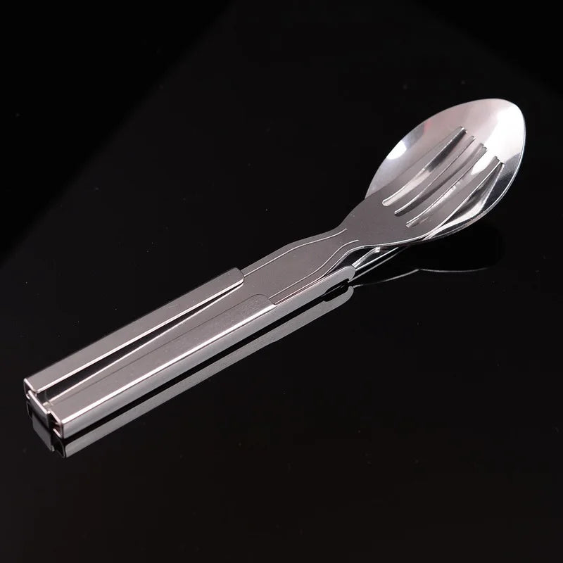4 Piece Portable Stainless Steel Tableware Set - Foldable Knife, Spoon, Fork, and Utensil for Camping and Cooking