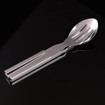 4 Piece Portable Stainless Steel Tableware Set - Foldable Knife, Spoon, Fork, and Utensil for Camping and Cooking