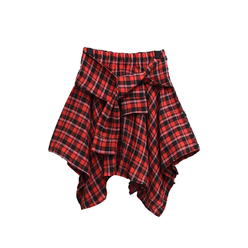 TOTRUST Women’s Fashion Asymmetrical Summer Plaid Mini Skirt – Casual College Style Fake Shirt Design