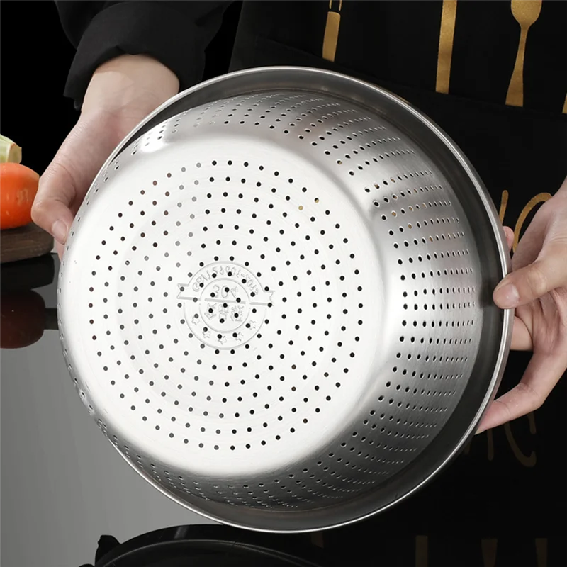 Stainless Steel Drain Basket Colander – Round Rice Cleaning Sieve & Fruit Vegetable Washing Strainer for Kitchen Use