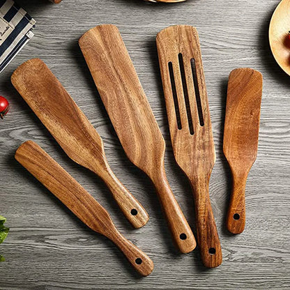 1-7pcs Teak Wood Tableware Set – Natural Wooden Spoons, Colander Spoon & Soup Skimmer Cooking Tool Kit